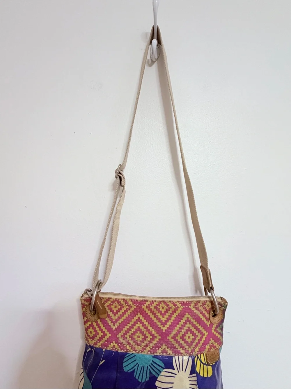 Fossil Blue Elephant Print Crossbody Bag with Pink Pattern Trim